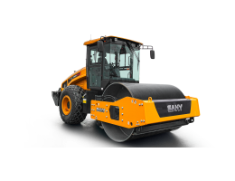 Cilindru compactor SANY SSR130C, echipat cu o roată mare și solidă, utilizat pentru lucrări de compactare pe șantiere de construcție. Mașina are un design robust, cu cabină protejată pentru operator și roți de compacare mari, ideale pentru asfalt și alte 